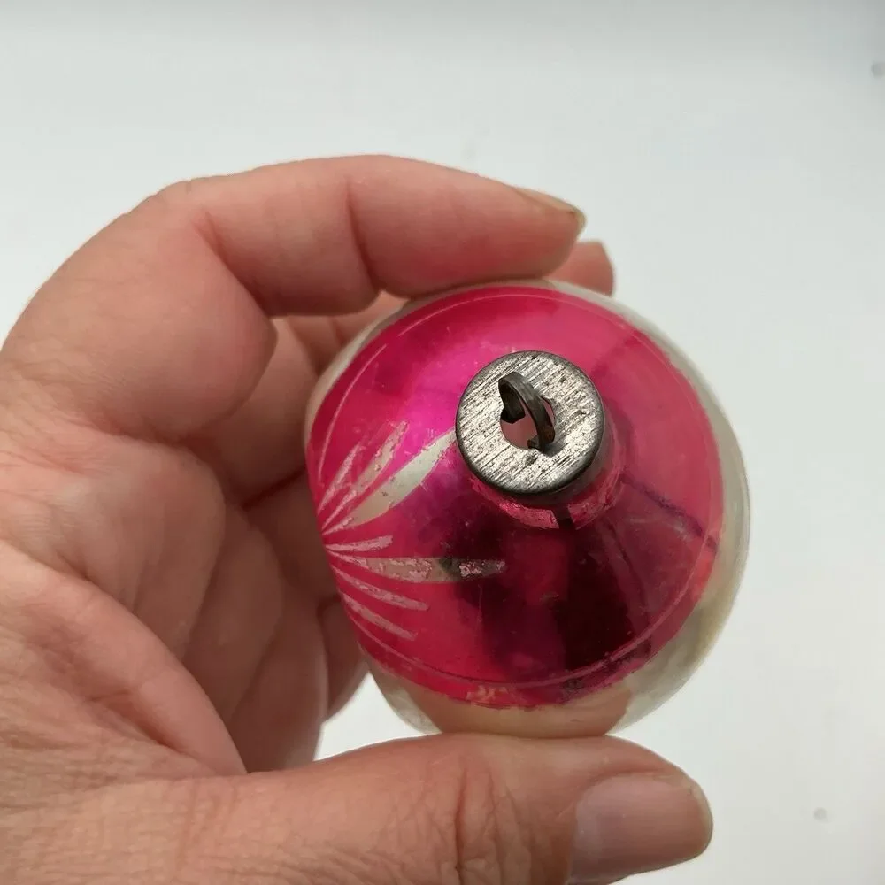 Vintage Mercury Glass Reflector Christmas Ornament Pink Silver Indent 4”